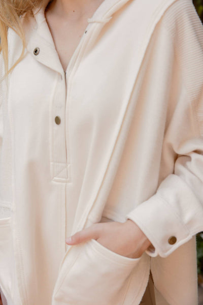 Blu Pepper - EXPOSED SEAM HALF BUTTON HOODED KNIT TOP: IVORY