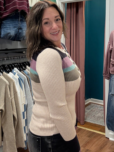 Lydia Color Block Ribbed Henley Top