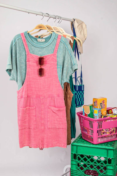 VERY J - NP70152-Sleeveless Double Gauze Overall Romper w/ Pockets: DENIM / S-M-L/2-2-2