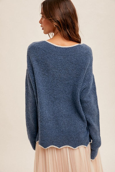 Lily Scallop Edge V Neck Sweater