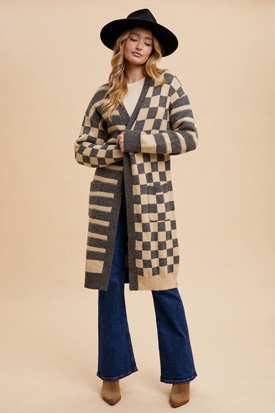 Charlize Checkerboard Midi Long Cardigan