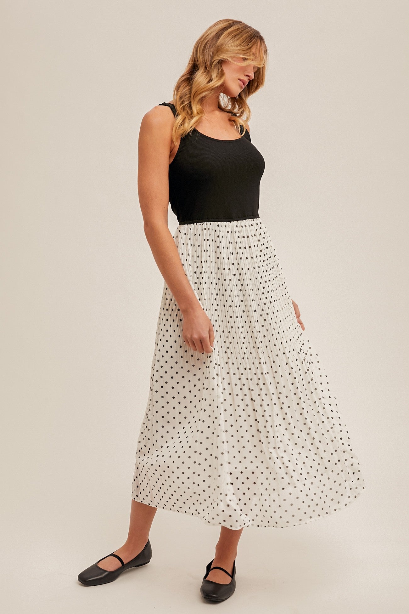 Dallas Pleated Polka Dot Midi Dress