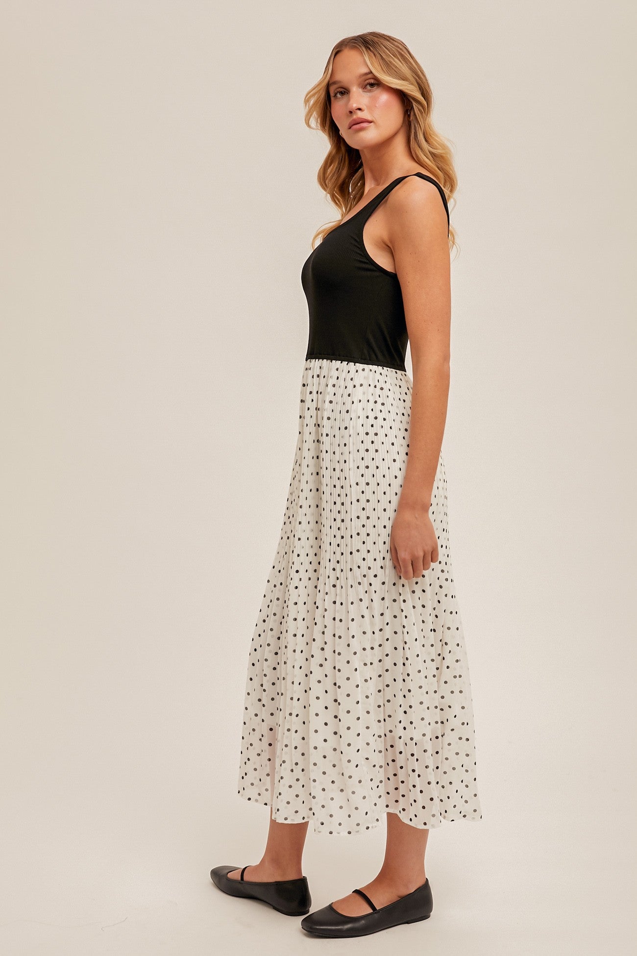 Dallas Pleated Polka Dot Midi Dress