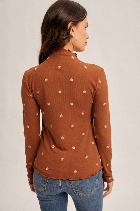 Mercury Flower Embroidered Mock Neck Top