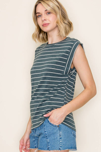 STACCATO - FRENCH TERRY STRIPED TOP: IVORY / S-M-L-XL(2-2-2-1)