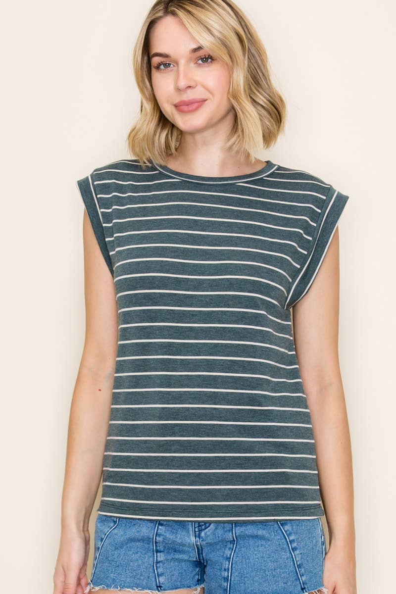 STACCATO - FRENCH TERRY STRIPED TOP: IVORY / S-M-L-XL(2-2-2-1)
