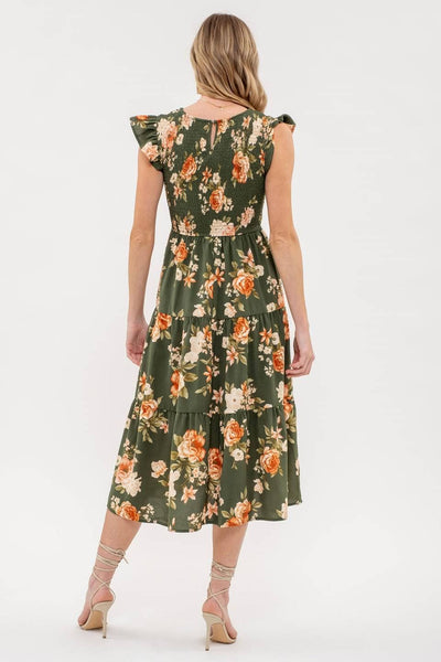 Blu Pepper - SMOCKED TIERED FLORAL MIDI DRESS: BLACK MULTI