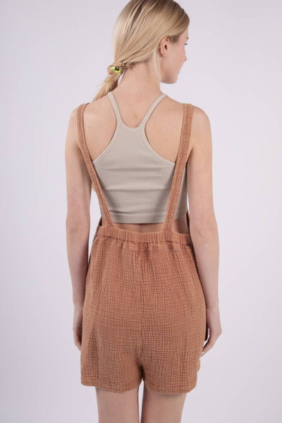 VERY J - NP70152-Sleeveless Double Gauze Overall Romper w/ Pockets: DENIM / S-M-L/2-2-2