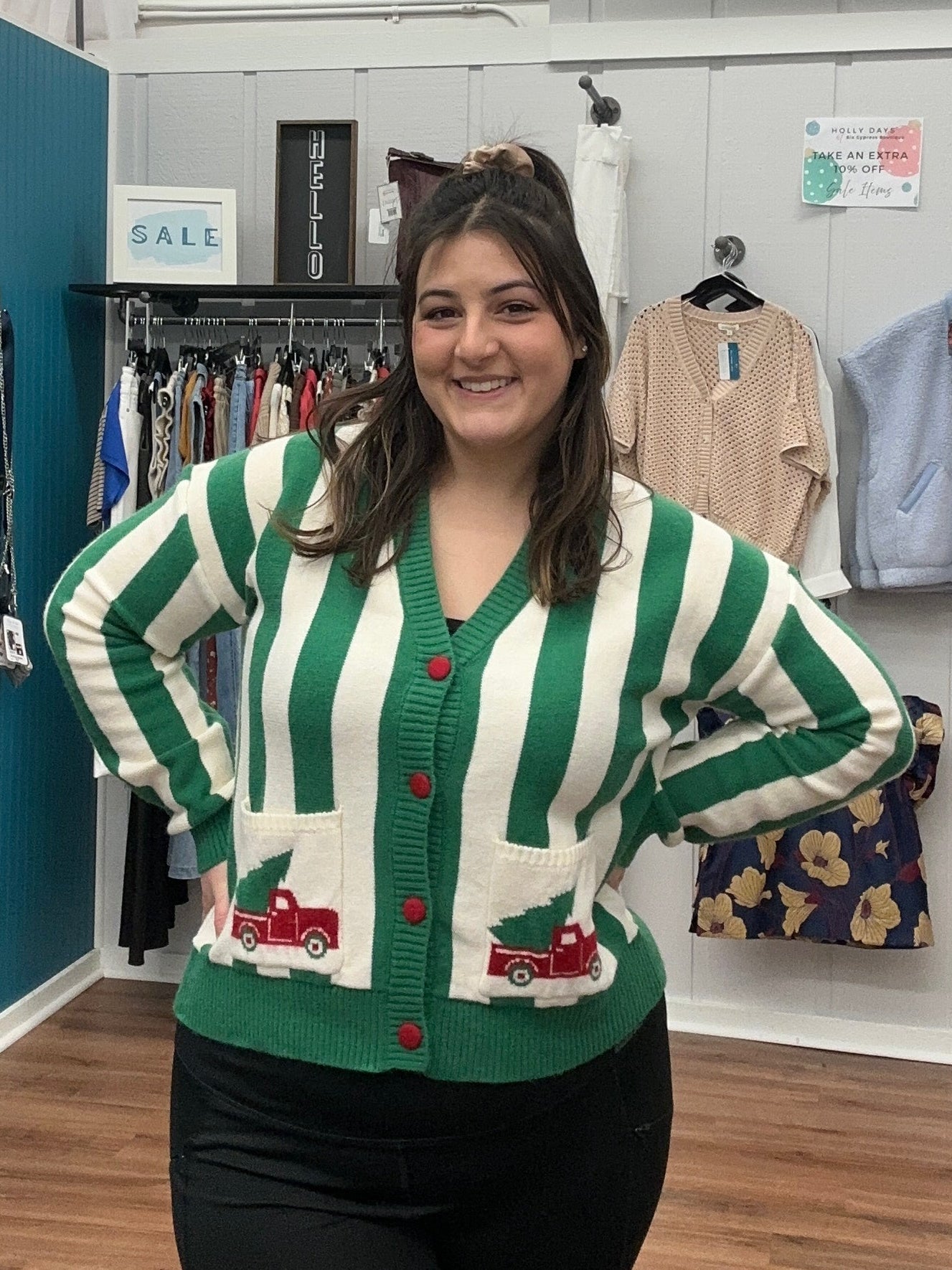 Christmas Truck Prined Pocket Stripe Cardigan