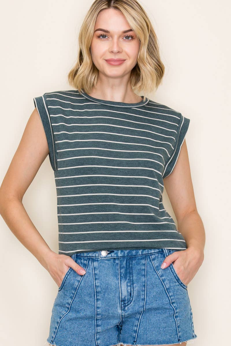 STACCATO - FRENCH TERRY STRIPED TOP: IVORY / S-M-L-XL(2-2-2-1)