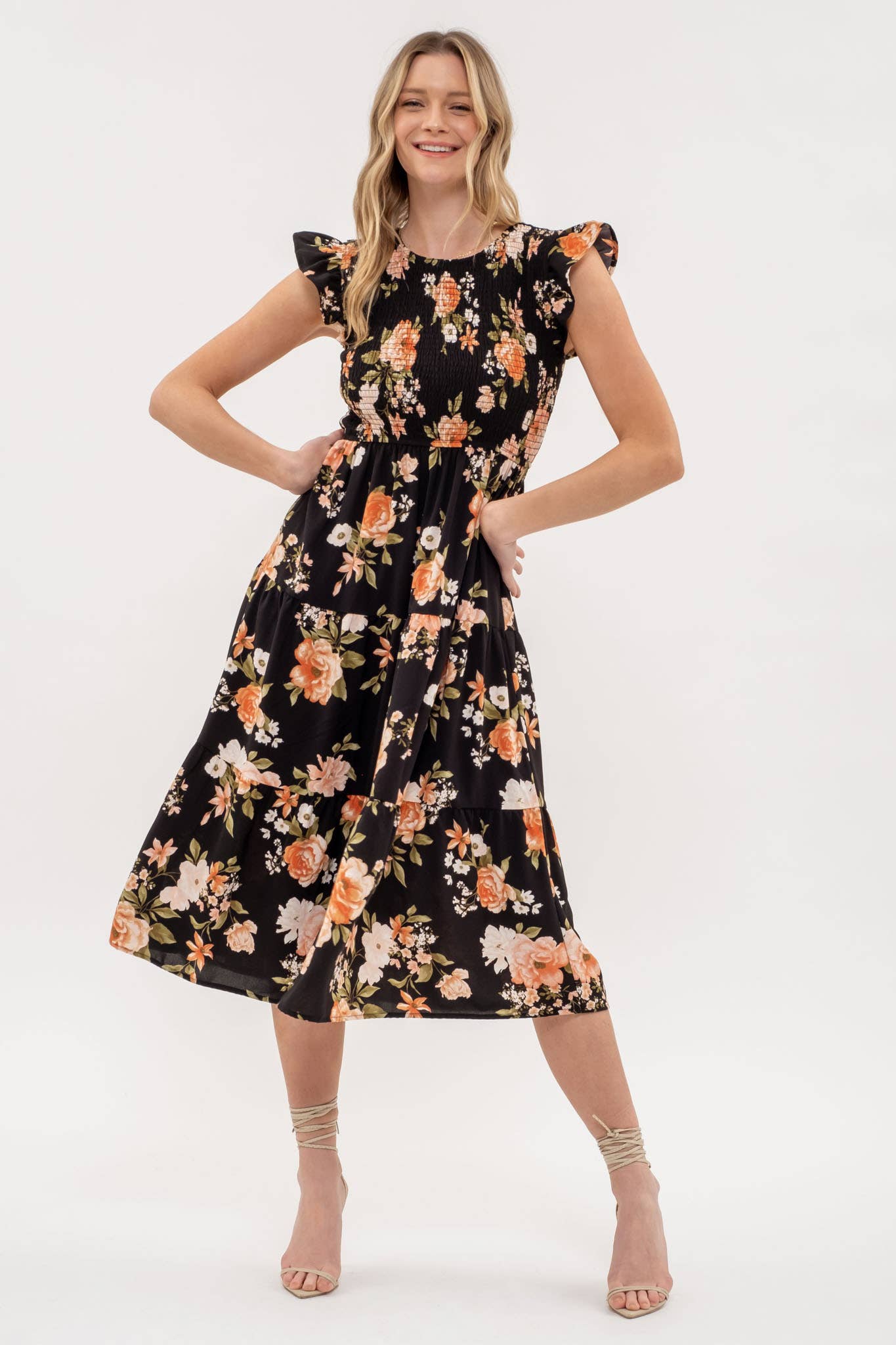 Blu Pepper - SMOCKED TIERED FLORAL MIDI DRESS: BLACK MULTI