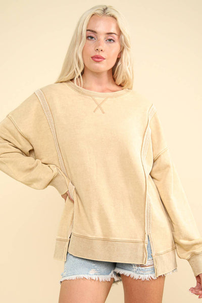 VERY J - NT11399-Mineral Washed French Terry Oversized Knit Top: Beige / S-M-L/2-2-2