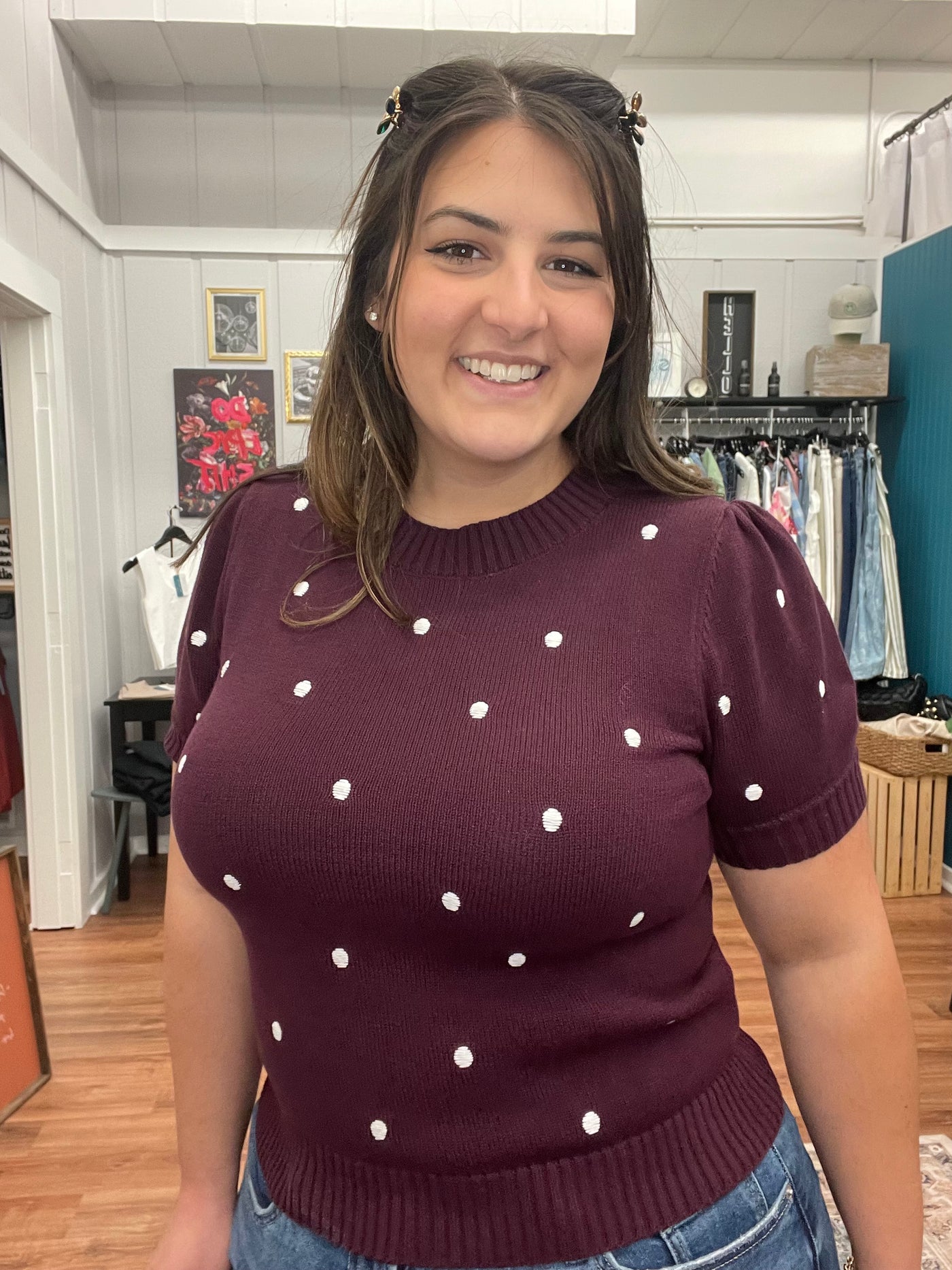 Amelia Polka Dot Short Sleeve Sweater