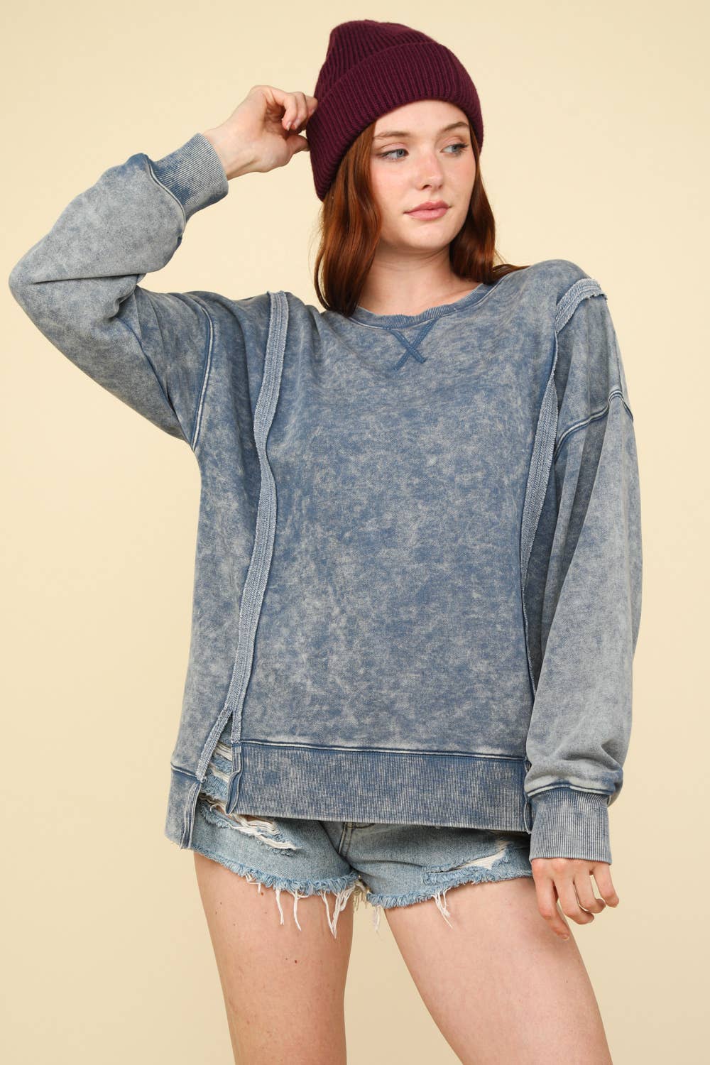 VERY J - NT11399-Mineral Washed French Terry Oversized Knit Top: Beige / S-M-L/2-2-2