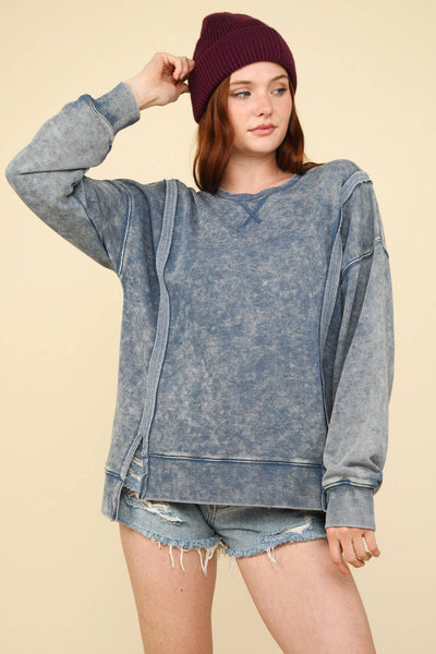 VERY J - NT11399-Mineral Washed French Terry Oversized Knit Top: Beige / S-M-L/2-2-2