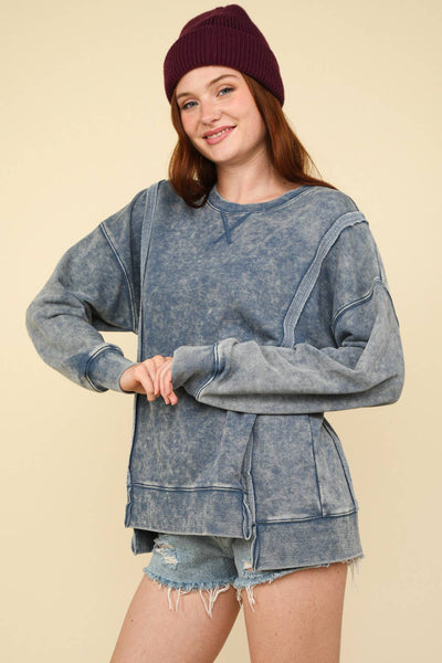 VERY J - NT11399-Mineral Washed French Terry Oversized Knit Top: DENIM / S-M-L/2-2-2
