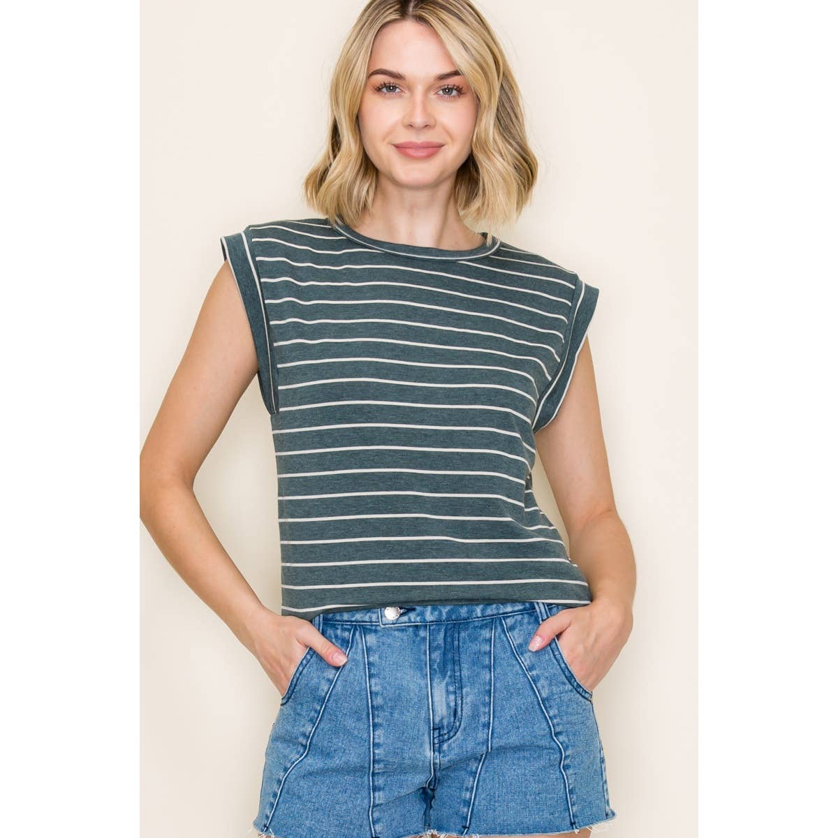 STACCATO - FRENCH TERRY STRIPED TOP: IVORY / S-M-L-XL(2-2-2-1)