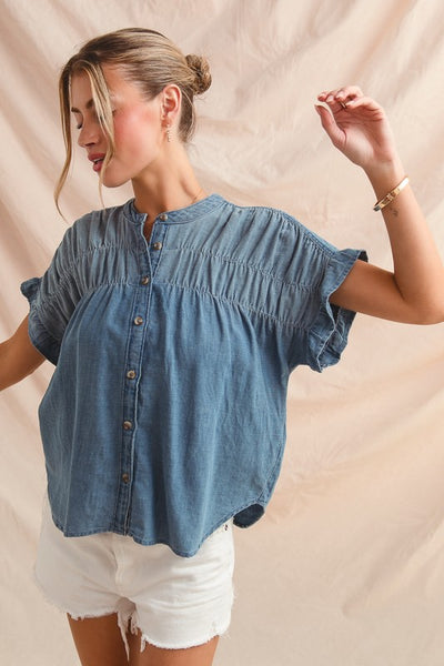 Charlotte Denim Ruffle Sleeve Blouse