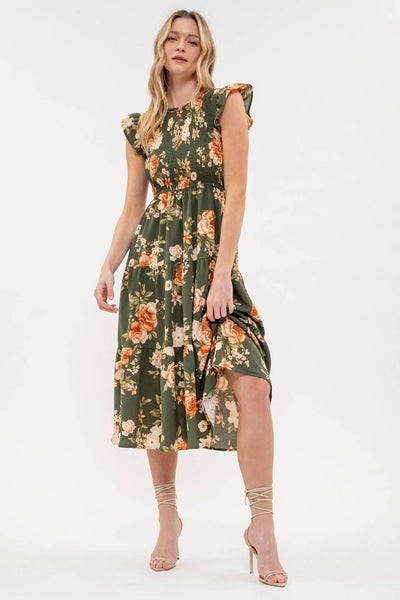 Blu Pepper - SMOCKED TIERED FLORAL MIDI DRESS: BLACK MULTI