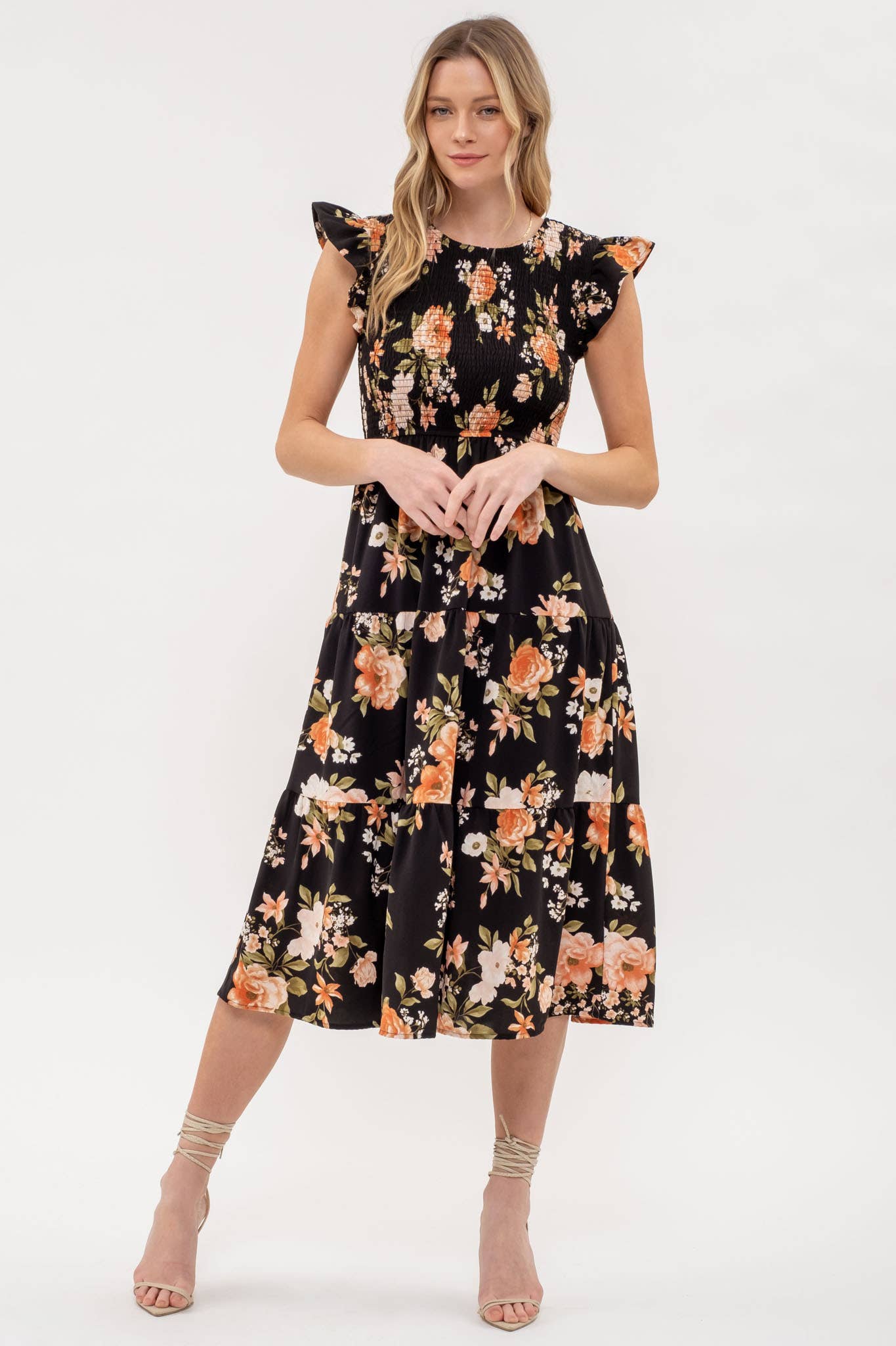 Blu Pepper - SMOCKED TIERED FLORAL MIDI DRESS: BLACK MULTI