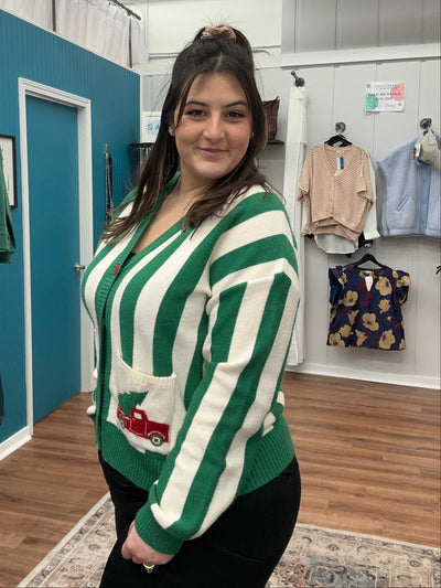 Christmas Truck Prined Pocket Stripe Cardigan