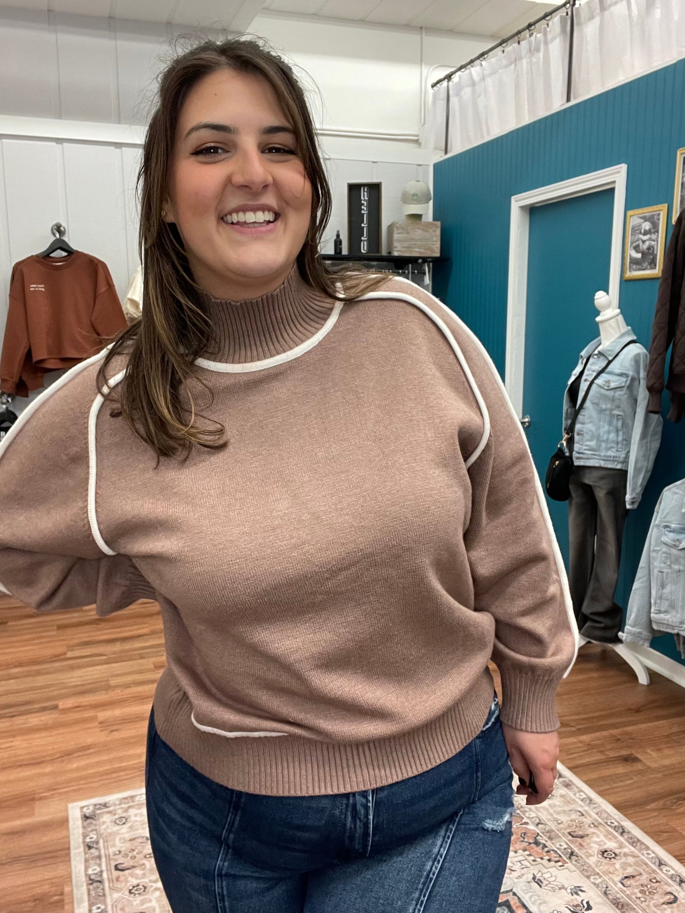 Cynthia Mock Neck Piping Detail Sweater