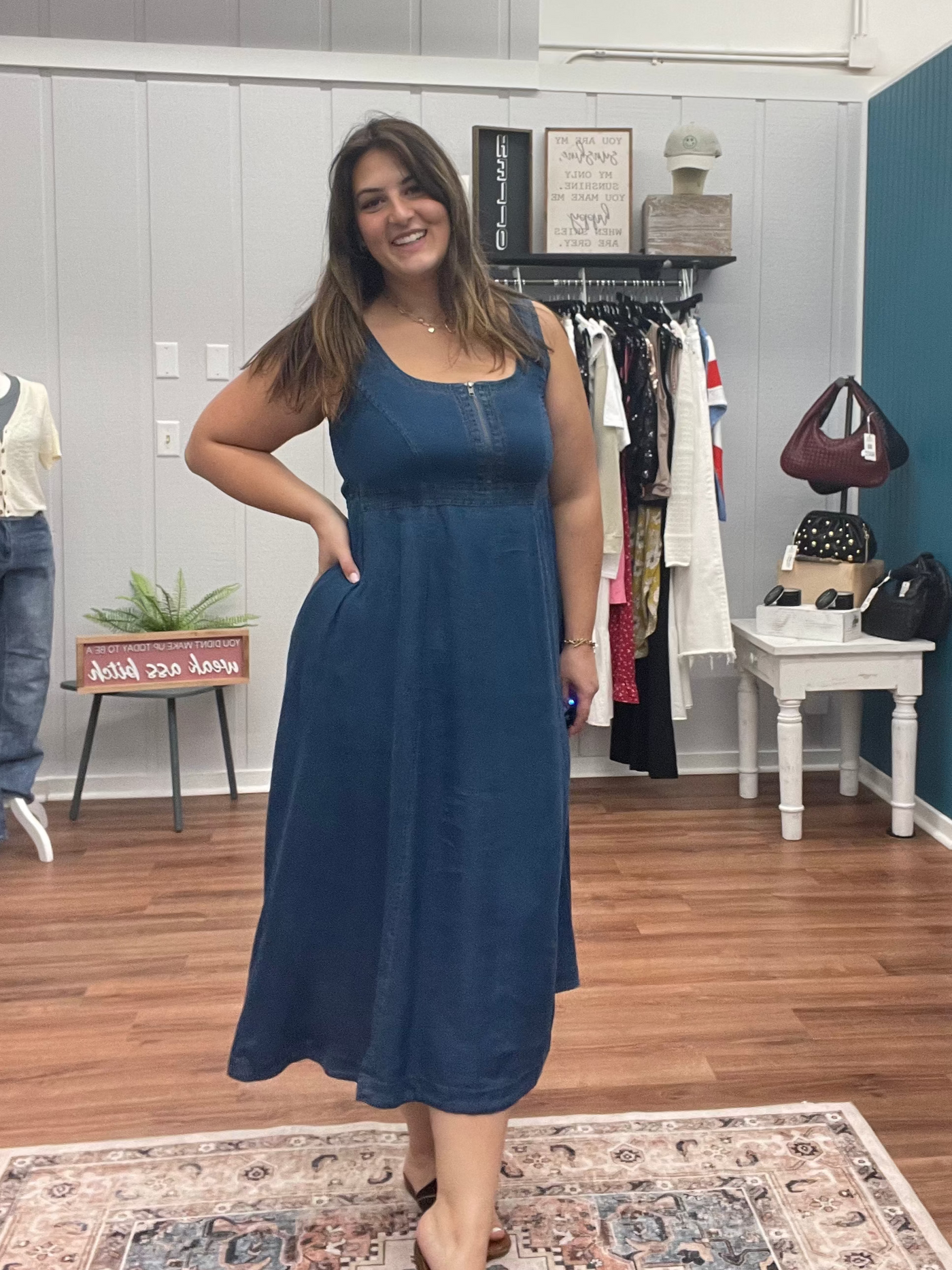 Penny Zip Front Denim Midi Dress