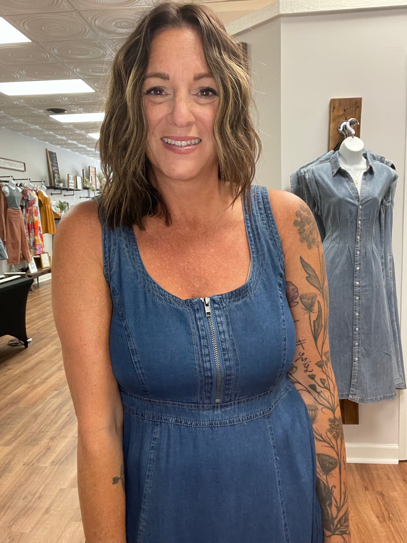 Penny Zip Front Denim Midi Dress