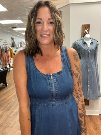 Penny Zip Front Denim Midi Dress