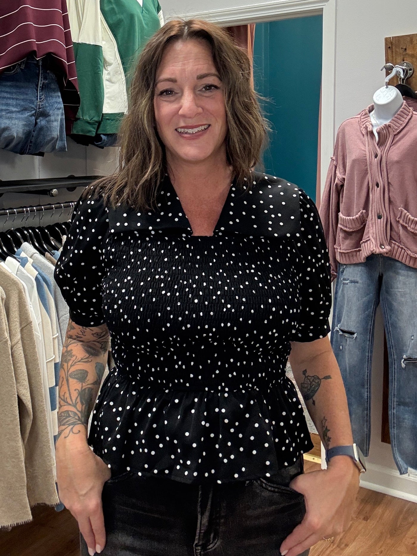 Crystal Collared Polka Dot Blouse