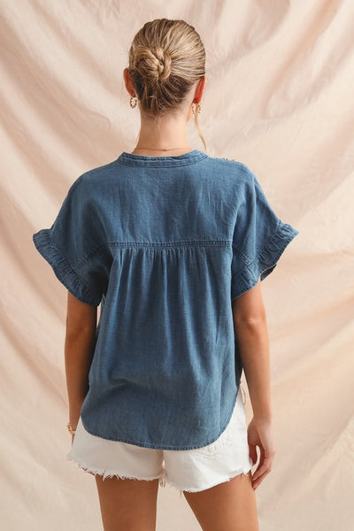 Charlotte Denim Ruffle Sleeve Blouse