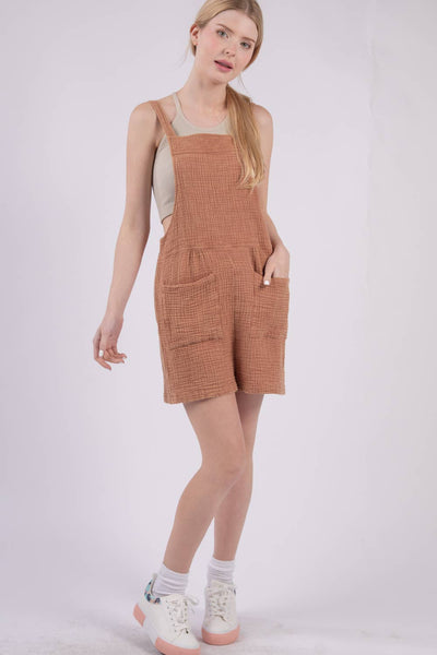 VERY J - NP70152-Sleeveless Double Gauze Overall Romper w/ Pockets: DENIM / S-M-L/2-2-2
