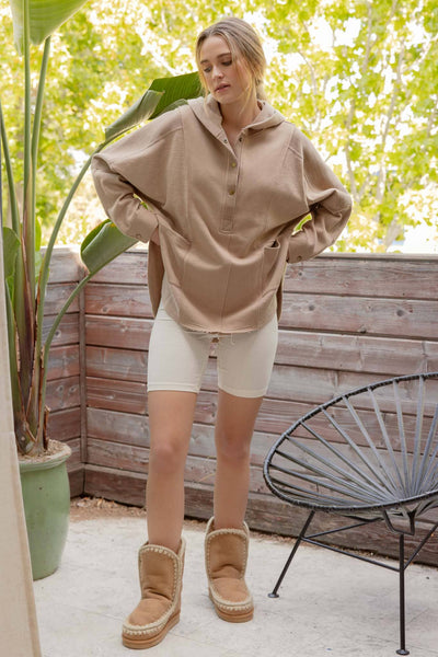 Blu Pepper - EXPOSED SEAM HALF BUTTON HOODED KNIT TOP: IVORY