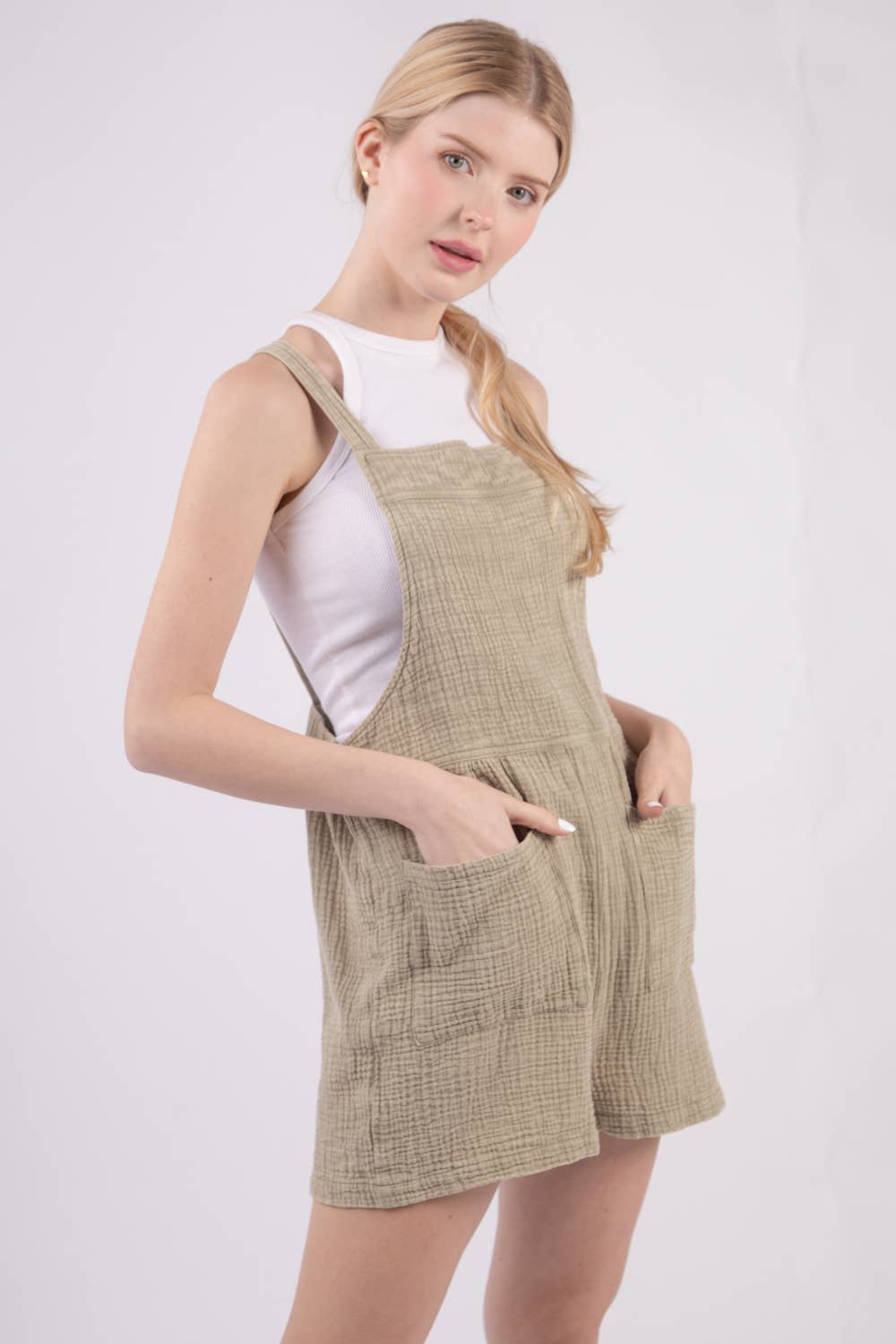VERY J - NP70152-Sleeveless Double Gauze Overall Romper w/ Pockets: DENIM / S-M-L/2-2-2