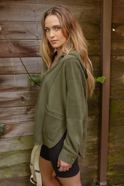 Blu Pepper - EXPOSED SEAM HALF BUTTON HOODED KNIT TOP: IVORY