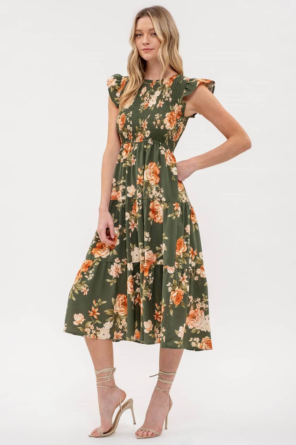 Blu Pepper - SMOCKED TIERED FLORAL MIDI DRESS: BLACK MULTI