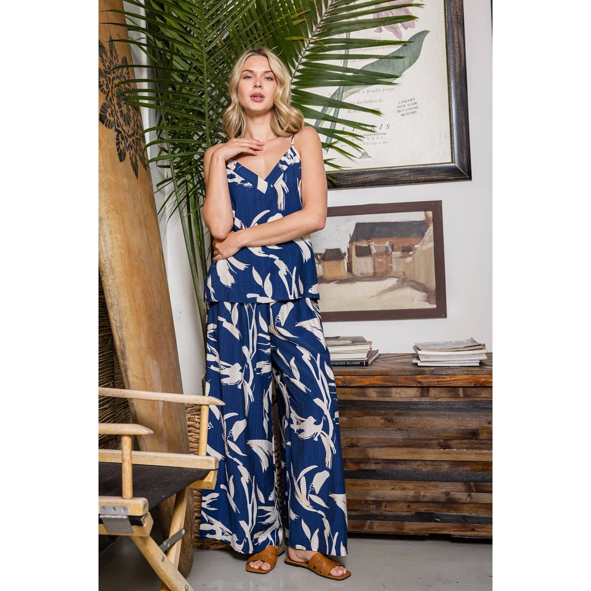 STACCATO - FLORAL PRINT PANTS: NAVY / S-M-L-XL(2-2-2-1)