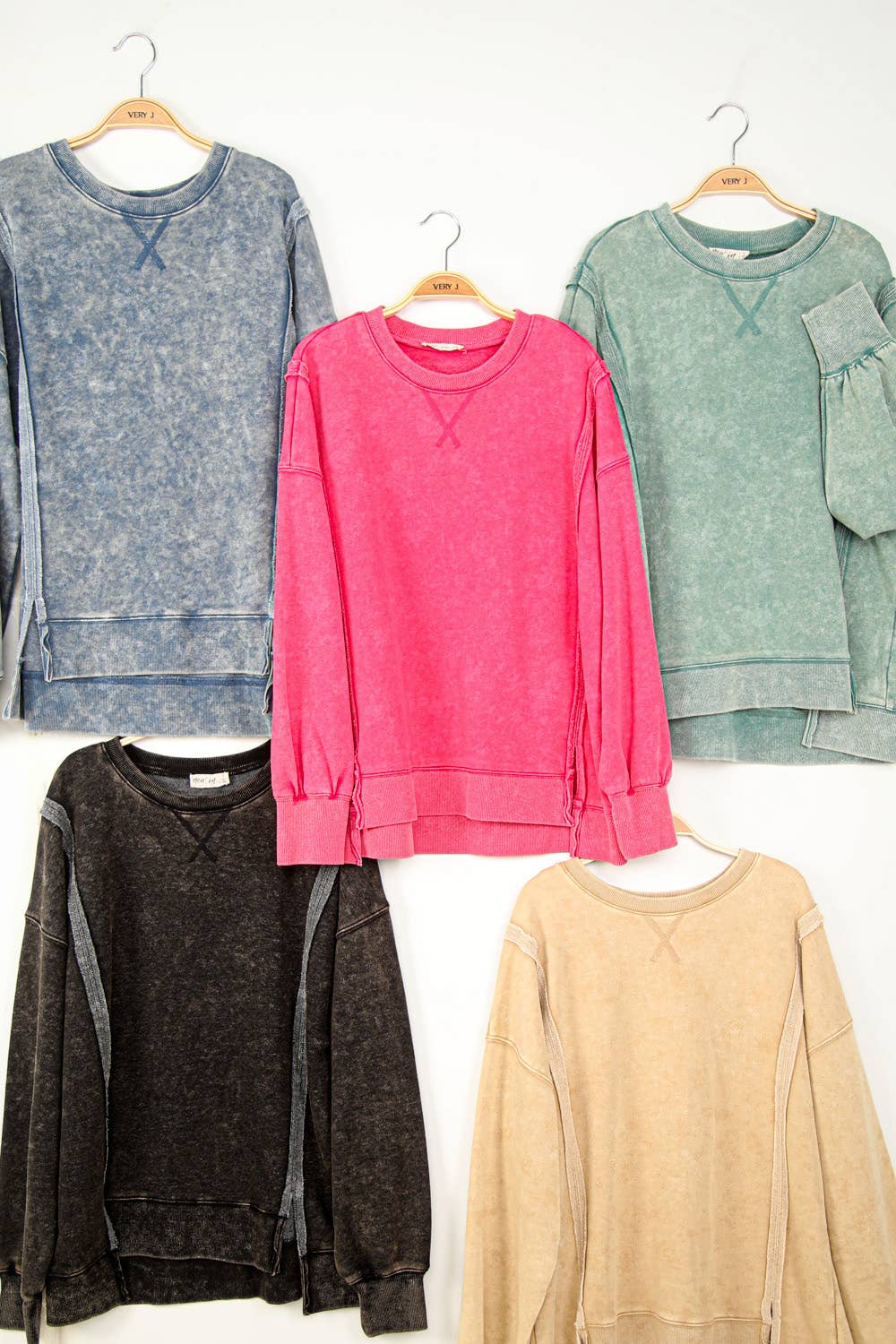 VERY J - NT11399-Mineral Washed French Terry Oversized Knit Top: Beige / S-M-L/2-2-2