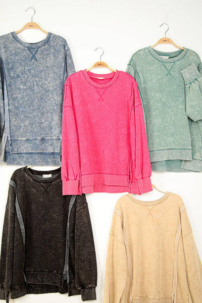 VERY J - NT11399-Mineral Washed French Terry Oversized Knit Top: Beige / S-M-L/2-2-2