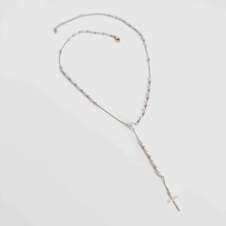 Soft Touch Y Drop Pearl & Cross Necklace