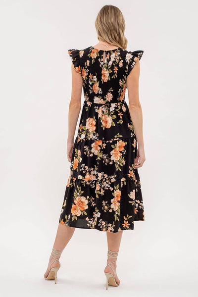 Blu Pepper - SMOCKED TIERED FLORAL MIDI DRESS: BLACK MULTI