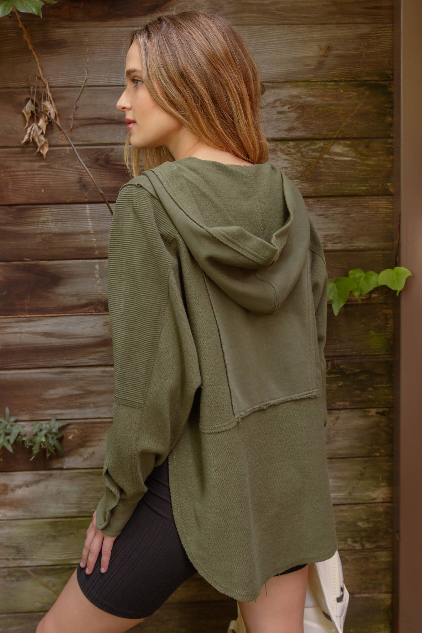 Blu Pepper - EXPOSED SEAM HALF BUTTON HOODED KNIT TOP: IVORY