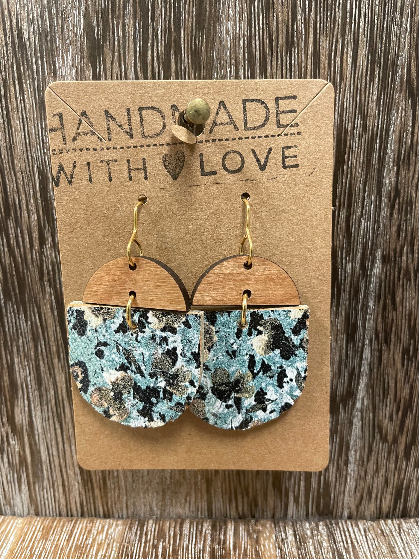 Wood Semicircle Teal Dangle Earring